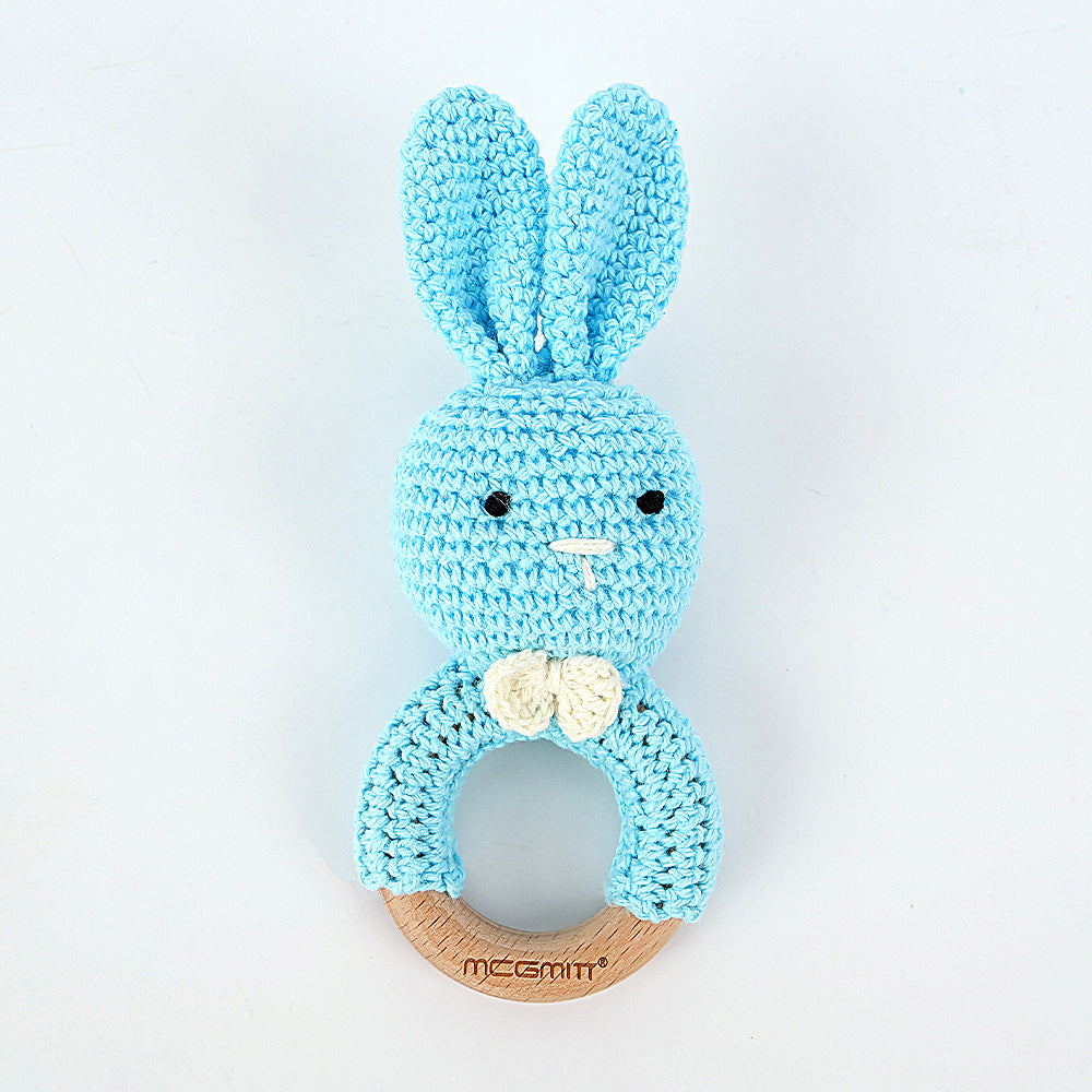 MCGMITT Handmade Crochet Baby Rattle, Organic Cotton Teething Rabbit Toy, Sensory Newborn Toy 0-6 Months, Natural Wood Ring Rattle, Baby Shower Gift