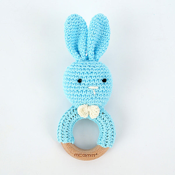 MCGMITT Handmade Crochet Baby Rattle, Organic Cotton Teething Rabbit Toy, Sensory Newborn Toy 0-6 Months, Natural Wood Ring Rattle, Baby Shower Gift