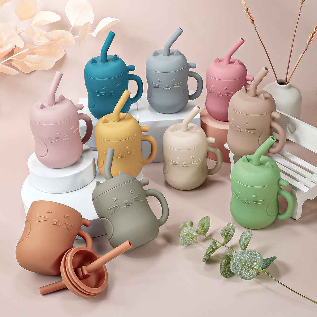 Silicone Baby Feeding Anti Leakproof Tableware Toddler Drinkware Kid Learning Water Straw Cup