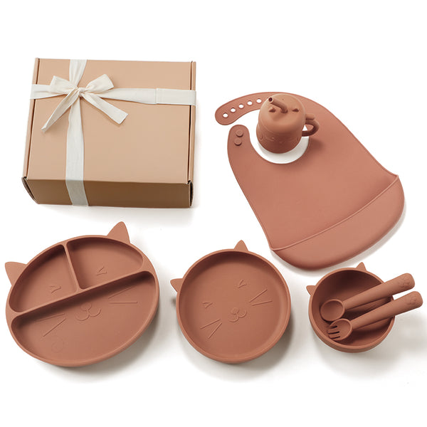 TYRY.HU 7 Piece Silicone Baby Feeding Set-Plate & Bowl & Bib & Cup & Utensils (CAT Series)