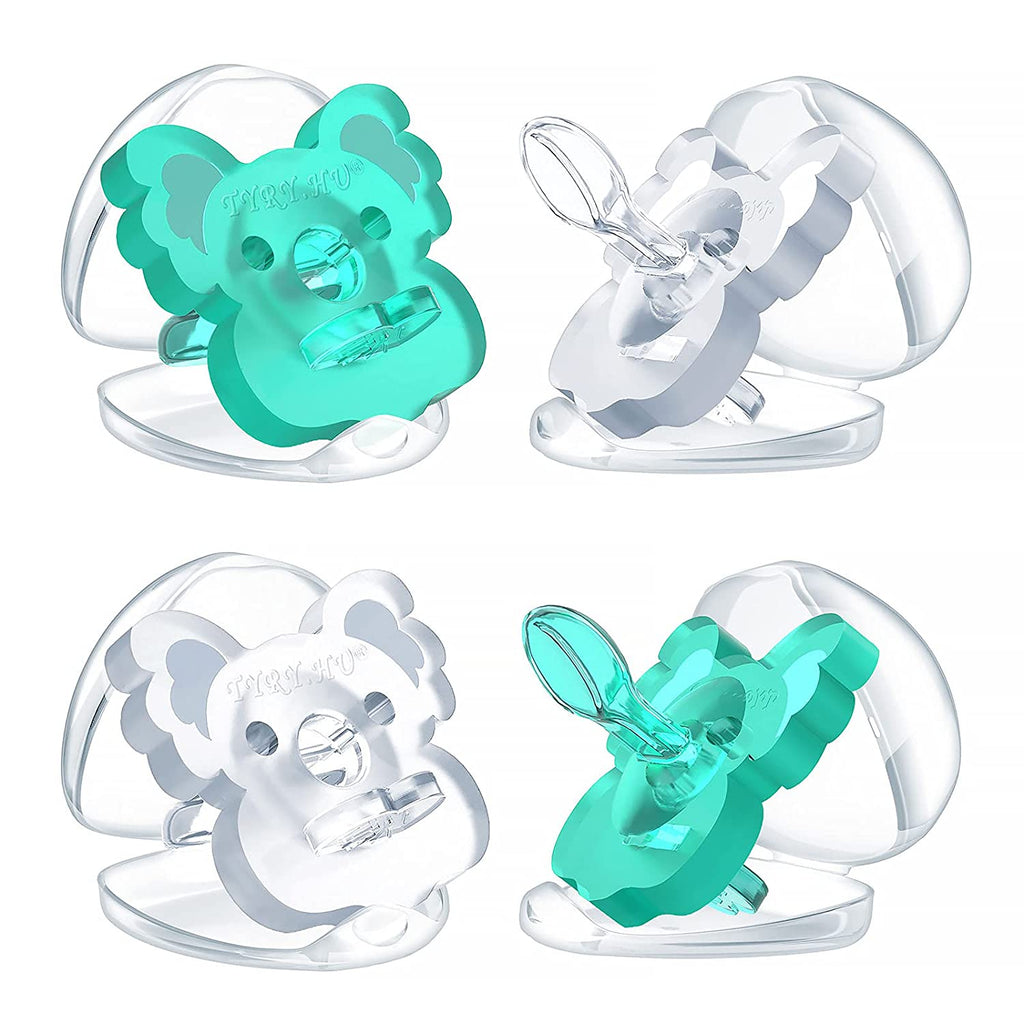 TYRY.HU 4pcs Soothie Pacifiers BPA Free Koala Shape 6-18 Months with Case (2pcs Clear + 2pcs Green)